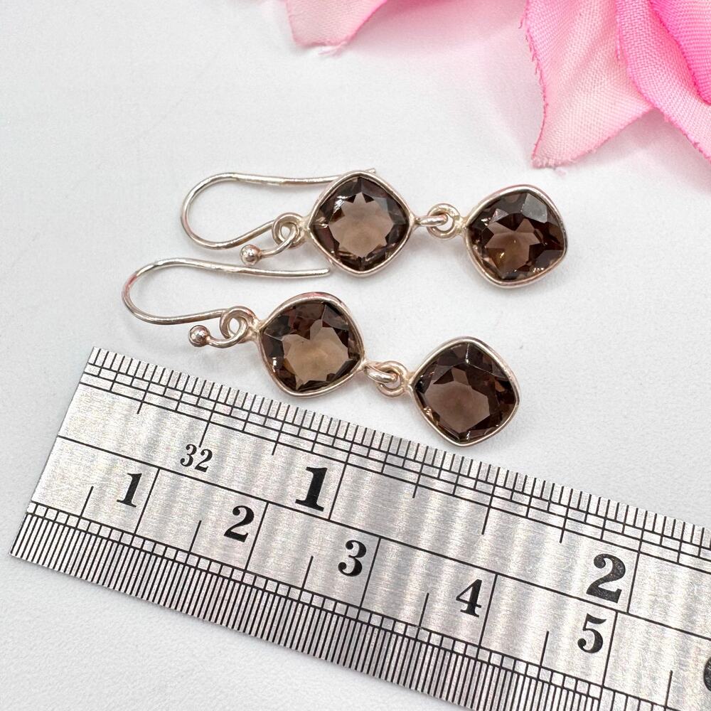 Smoky Quartz 925 Sterling Silver India Dangle Earrings Festival Glam Boho Gem - Picture 7 of 9